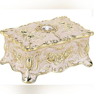 Beautiful Enameled Ivory And Gold Small Trinket Jewelry Box Black Velvet Lined